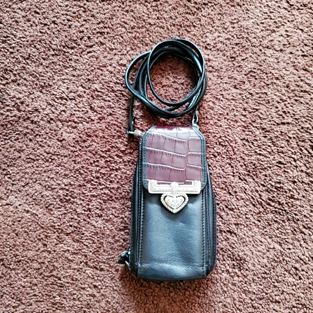 Brighton Small Black Leather Brown Trim Crossbody Pouch Wallet Bag